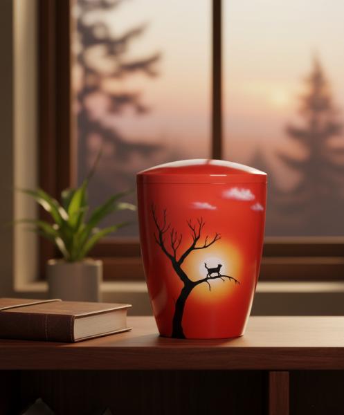 Red pet urn cat on tree silhouette at sunset. A dignified, emotional keepsake for your beloved darling. Create a stylish memorial at home – order yours today.
